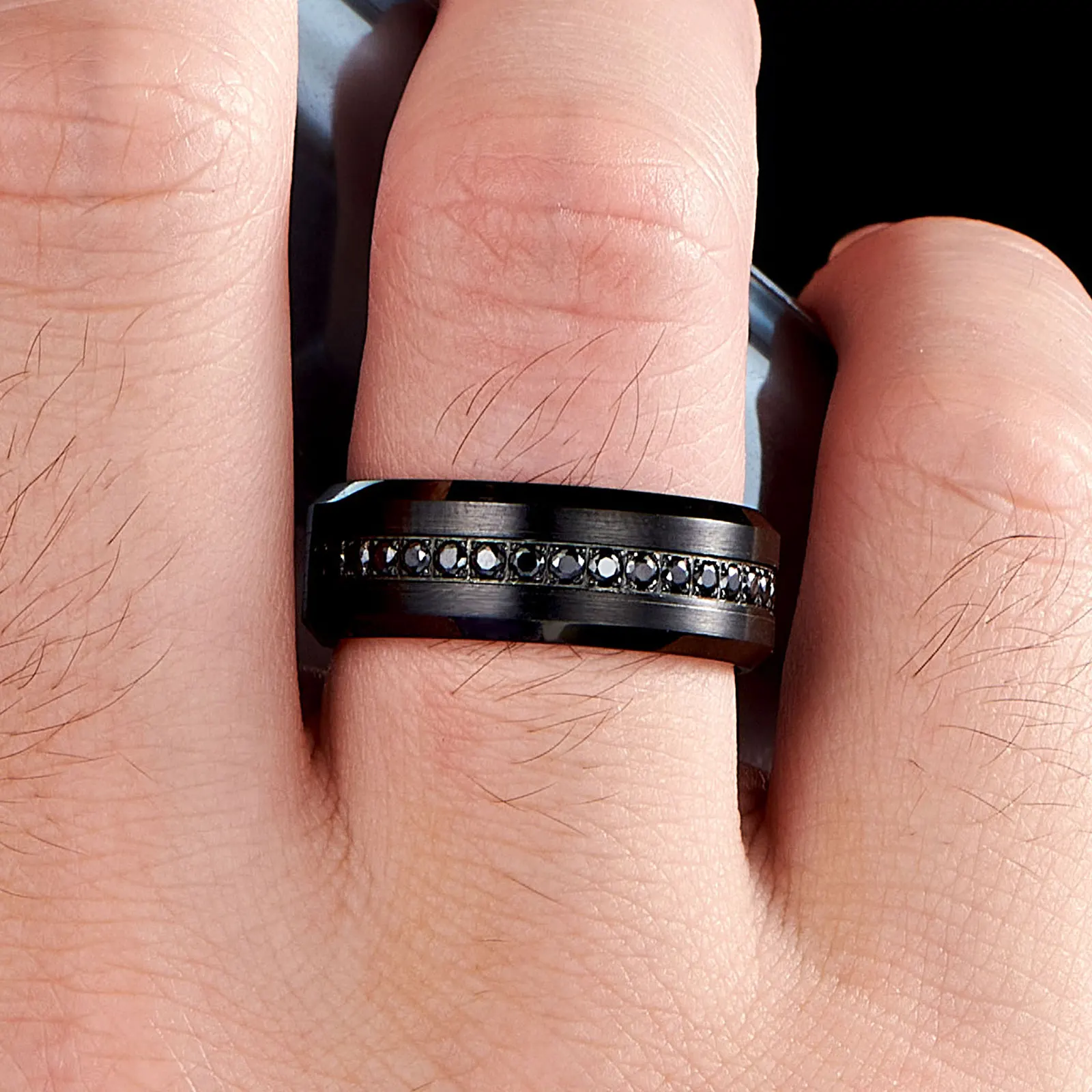 Newshe Black Tungsten Carbide Wedding Rings for Men Half Eternity AAAAA Round Cubic Zircon Charm Jewelry