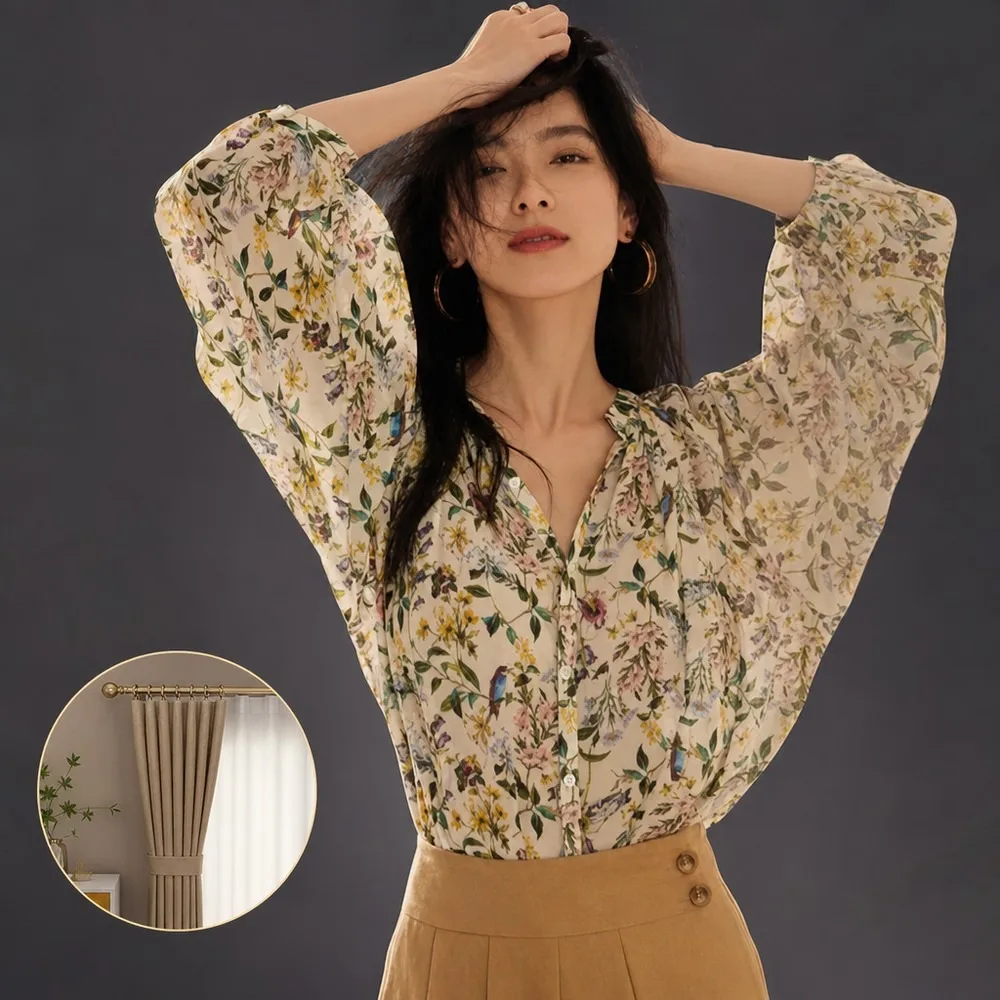Summer Thin Soft Vintage French Style Floral Shirts for Women Loose Casual All-match Classic Fashion Femme Tender Minimalist