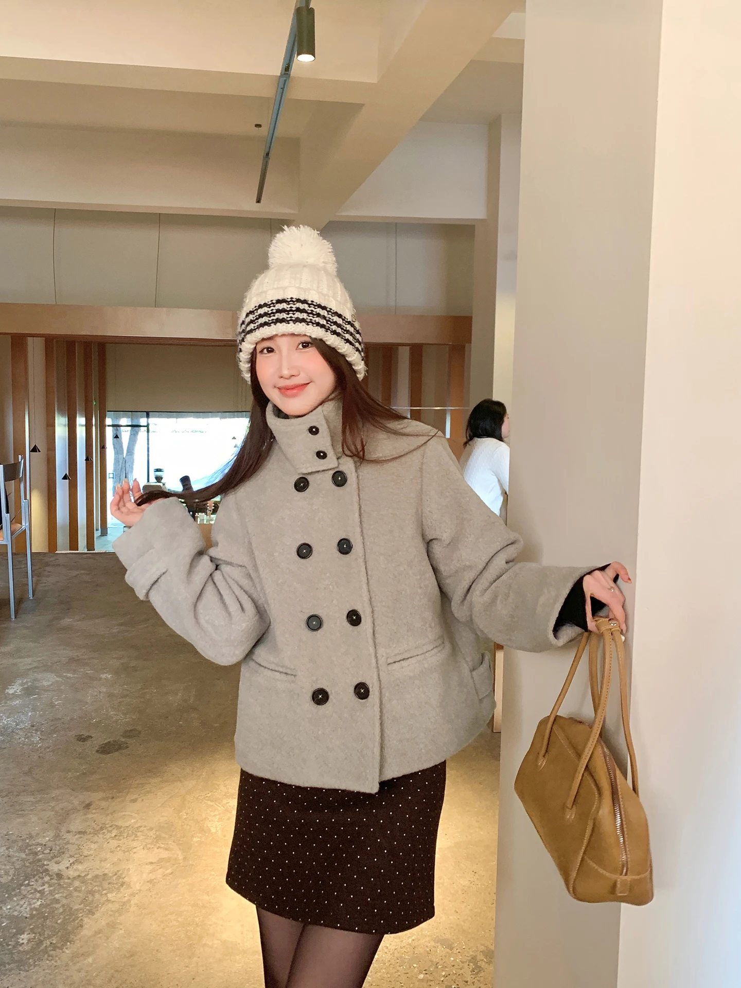 

Пальто CheeseBun из шерсти с высоким воротником, двубортное, свободного кроя, на хлопковой подкладке, теплый корейский стиль, женское зимнее пальто