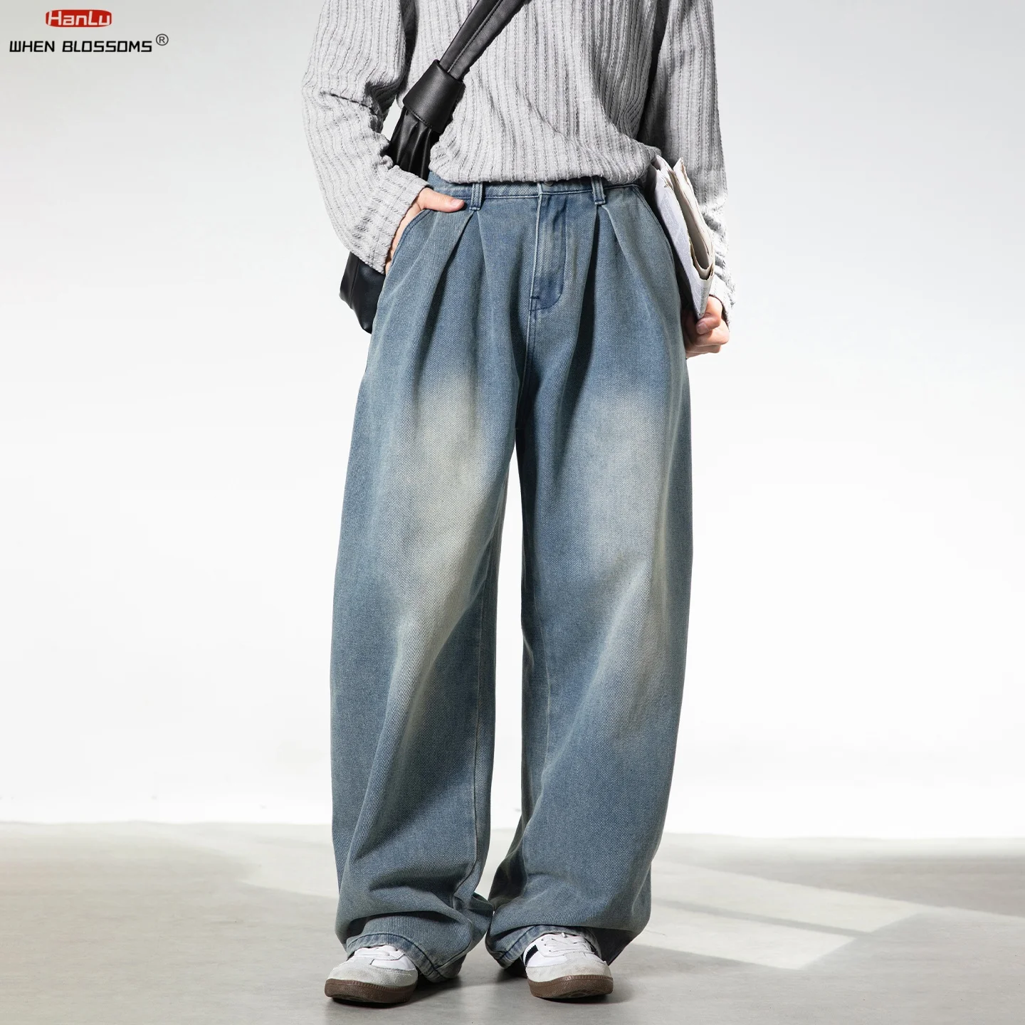 

Men's 2026 Split Pleat Jeans Vintage Washed Distressed Loose Fit Retro Straight Leg Denim Pants Spring Casual