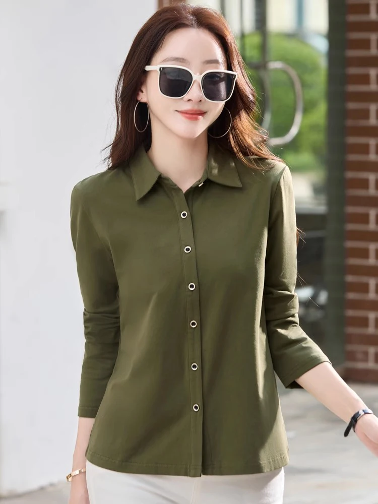 New Women Spring Autumn T-shirt Fashion Polo Collar Single Breasted Long Sleeve Tees Simplicity Casual Cotton T-shirt