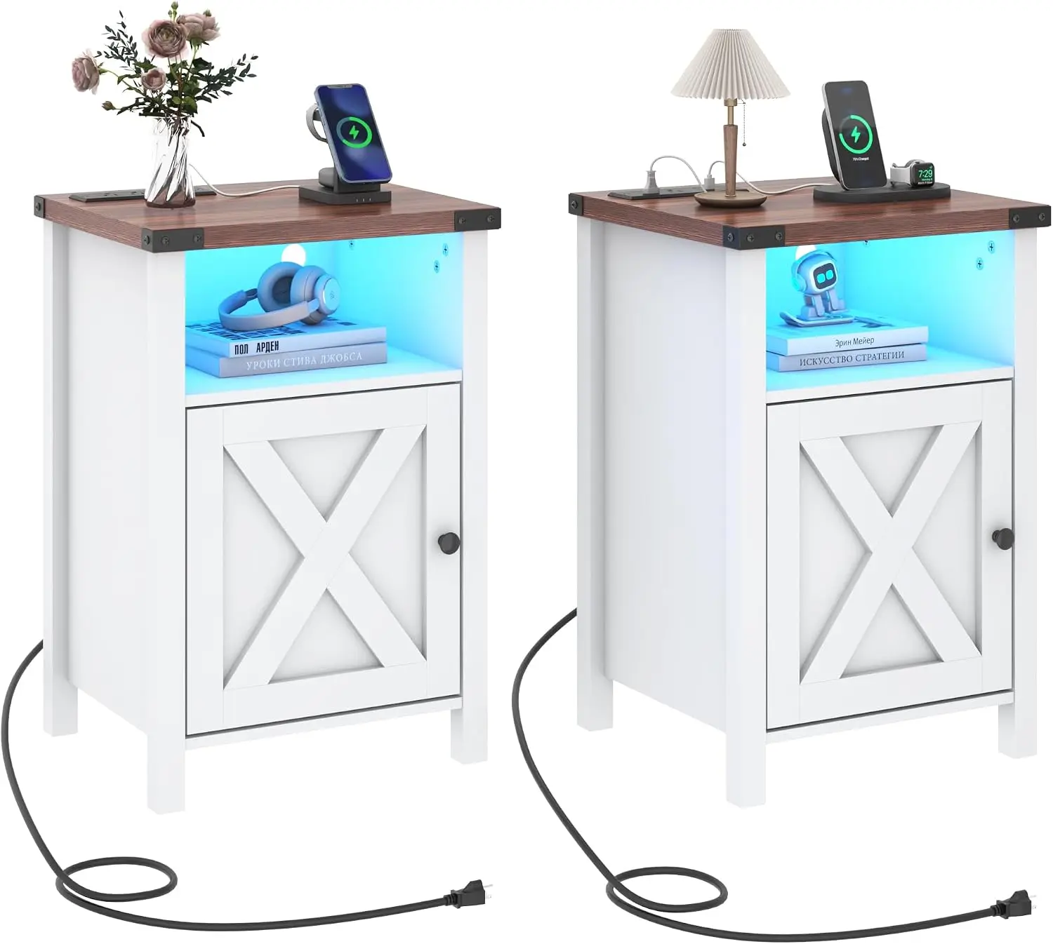 Farmhouse Nightstand Set of 2 with RGB LED Lights, Charging Station (2 Outlets + 2 USB), Barn Door Design & Storage Shelf, Sturdy MDF + Metal