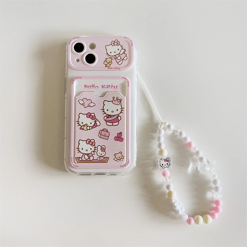 Sanrio Kitty Cat hand chain Card wallet Case protection for iPhone 15 13 12 11 14 Pro Max lovely Coque