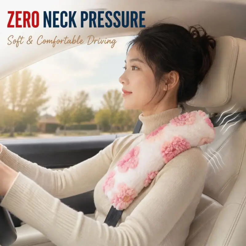 3pcs Car Steering Wheel Cover Auto Interior Decoration Women's Accessory Winter Plush Flower Shoulder Guard for Safety Belt
