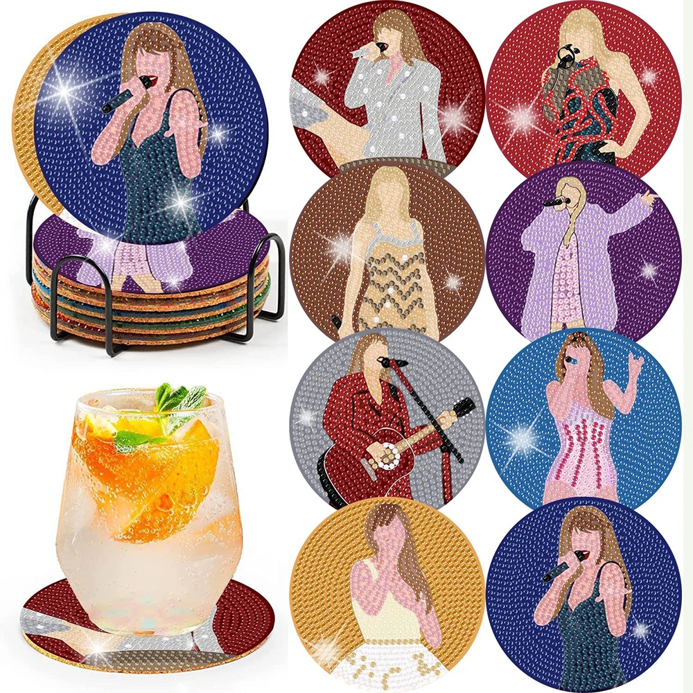 

8PCS Pop Star Diamond Painting Coaster Kits with Holder Drink Cup Cushion Tablemat Diamond Art Coasters for Christmas Gift