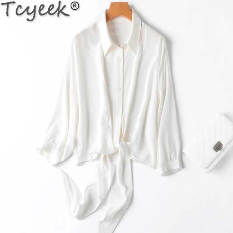 Tcyeek 100% Mulberry Silk Shirt Spring Summer Clothes White Shirts for Women 2024 Lace-up Short Style Top Female Camisa Mujer