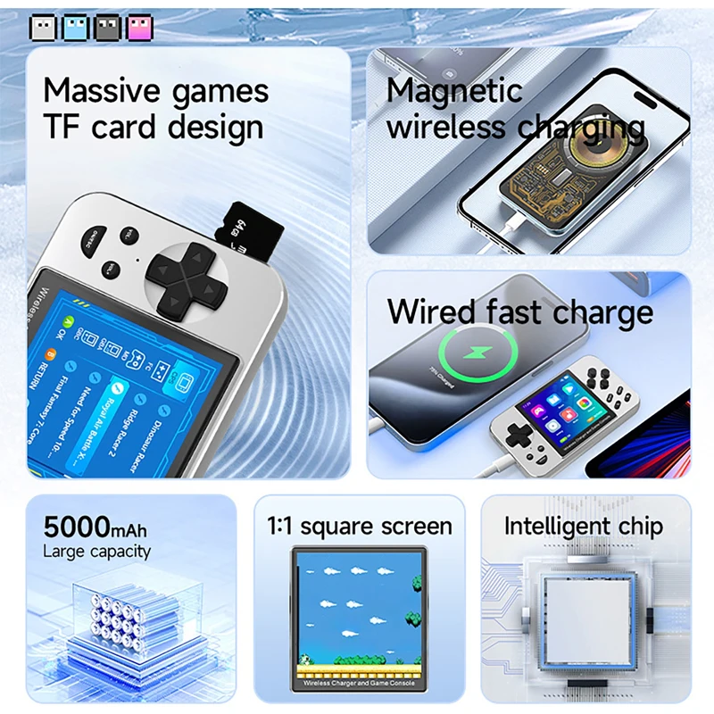 Portable Handheld Game Console Retro Gamepad Support Magnetic Wireless Charging Function Charging Bunk 16G MP4 Game IPS Screen