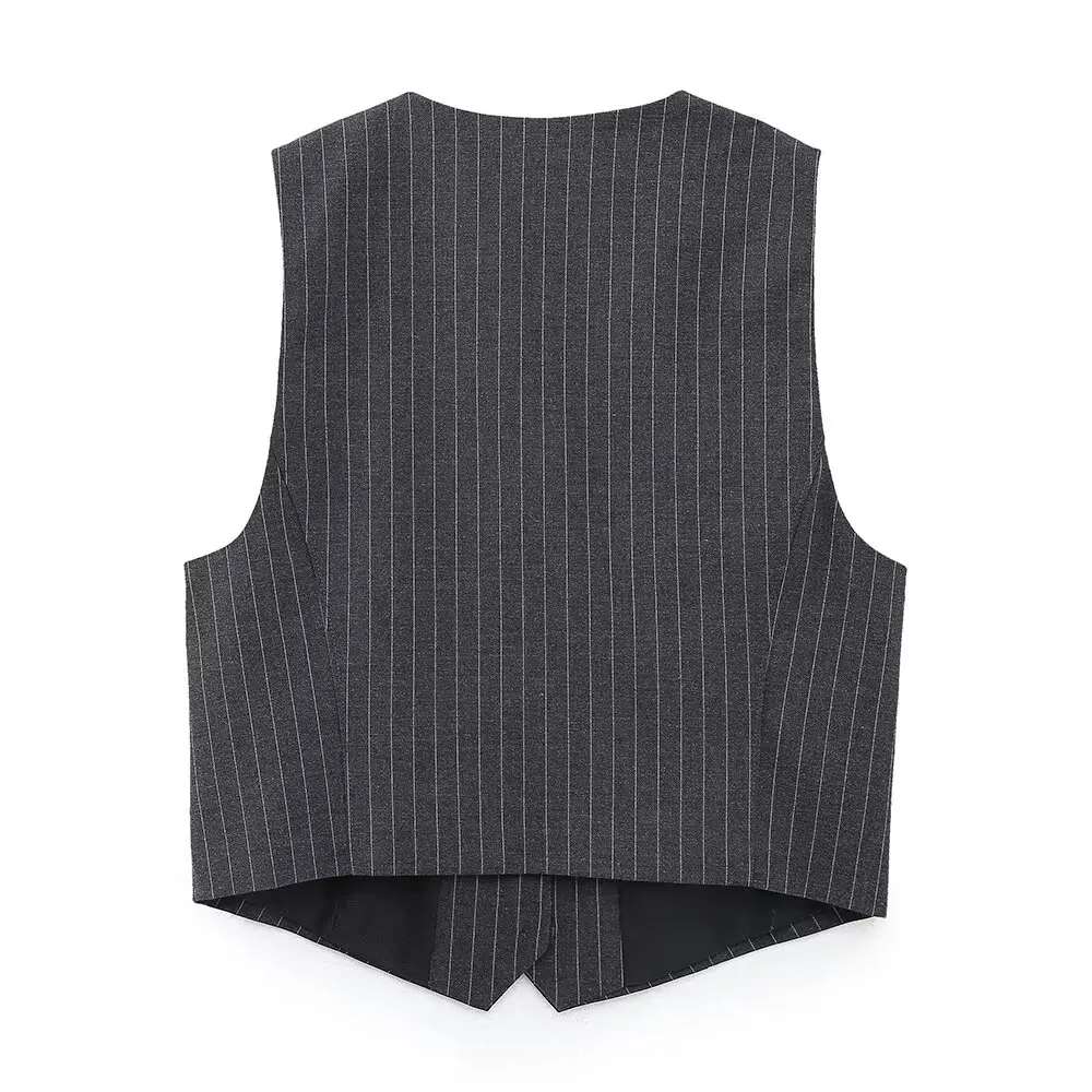 DUOPERI Women Fashion Striped V-Neck Suit Vest Sleeveless Female Chic Lady Casual Business Waistcoat