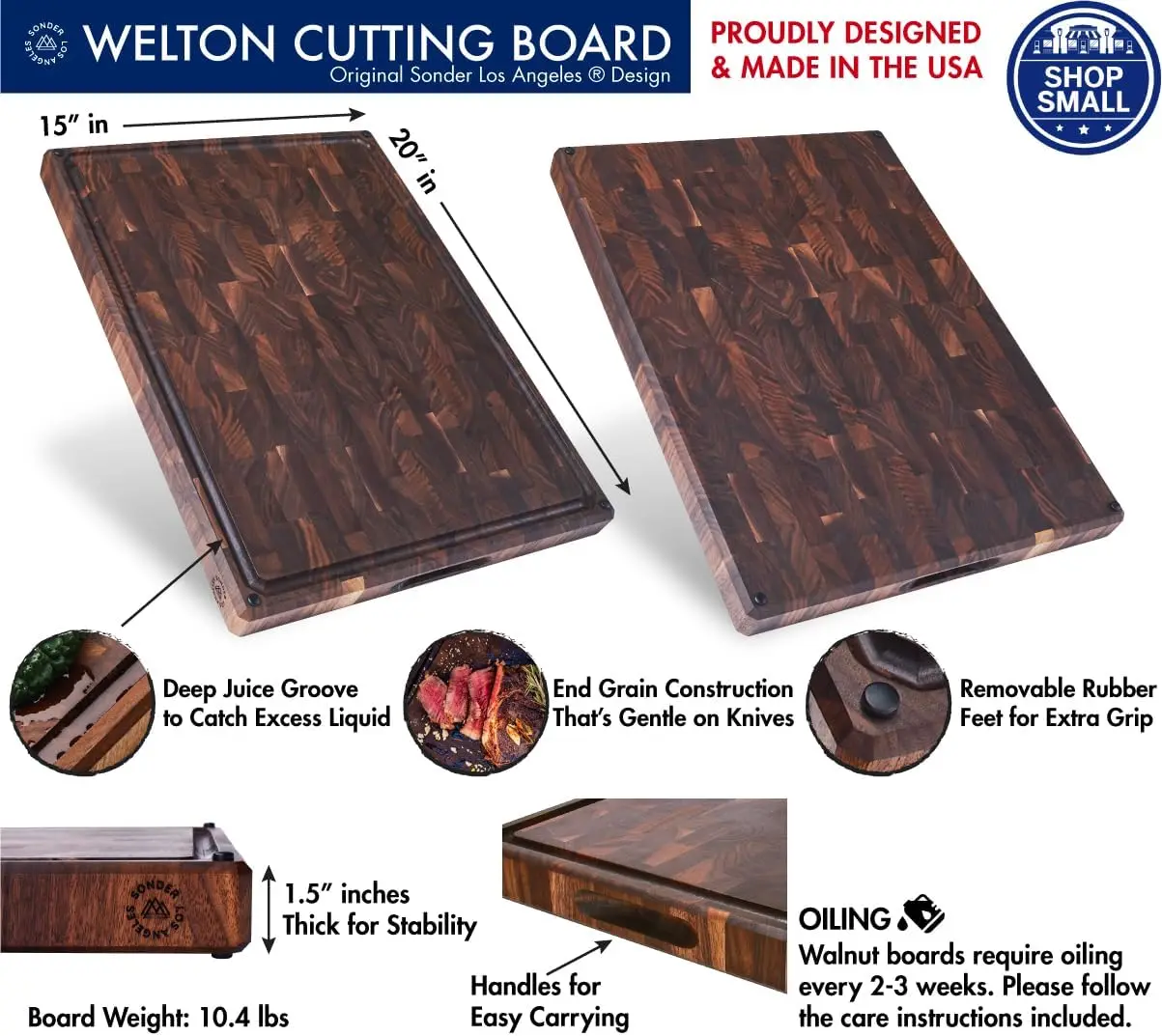 Large Thick End Grain Walnut Wood Cutting Board with Non-Slip Feet, Juice Groove for Kitchen 20x15x1.5 in (Gift Box Included)