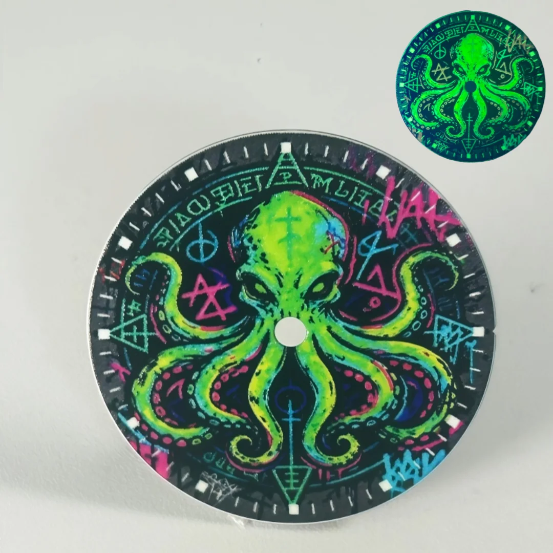 Custom Logo 28.5mm Octopus Monster Watch Dial Green Luminous for NH35 NH36 Automatic Movement Deep Sea Creature Mod Watch Parts