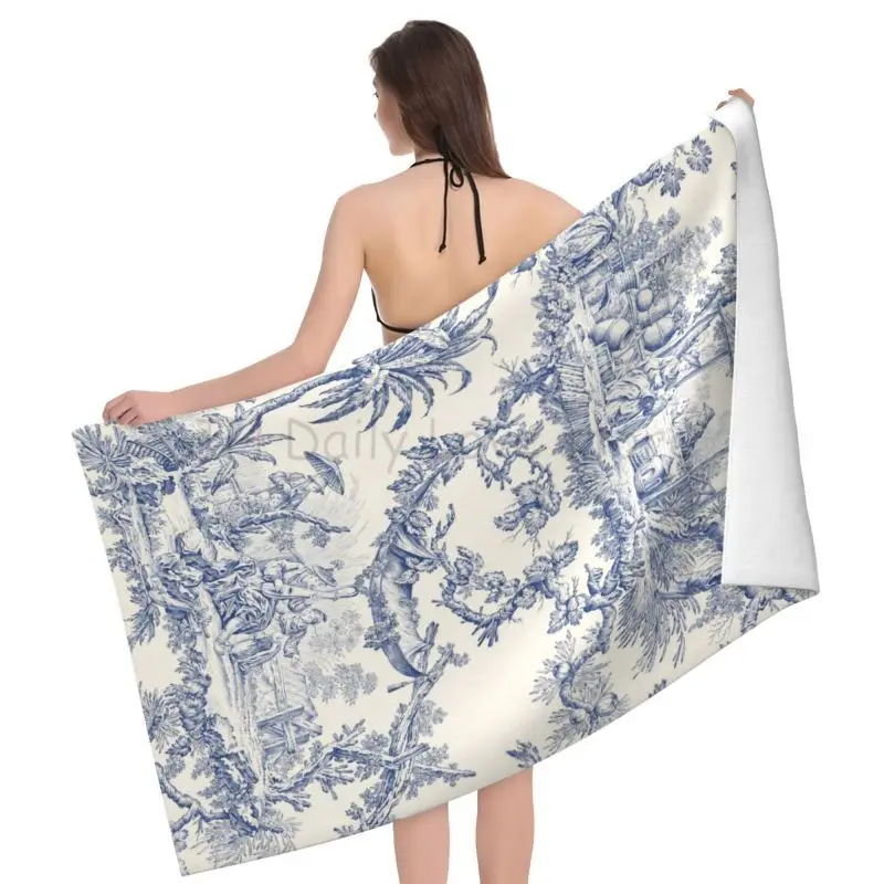 French Toile De Jouy Badetuch, schnell trocknendes Strandtuch, weiche Mikrofaser, super saugfähige Handtücher für Fitnessstudio, Spa, Sport, Schwimmen