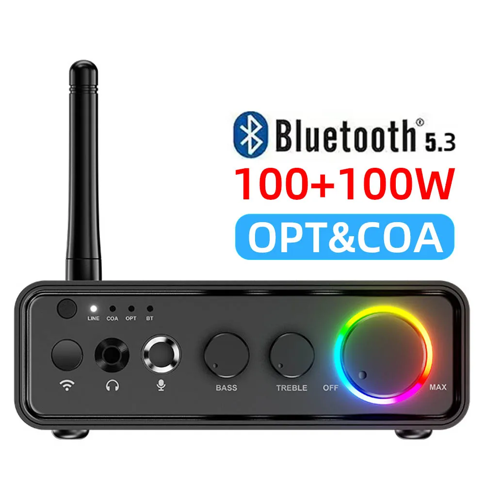 Мини-TPA3116D2 Bluetooth 5,3 Усилитель мощности класса D 2,0 Аудиоусилитель 100 Втx2 200 Вт с микрофоном Оптический коаксиальный вход