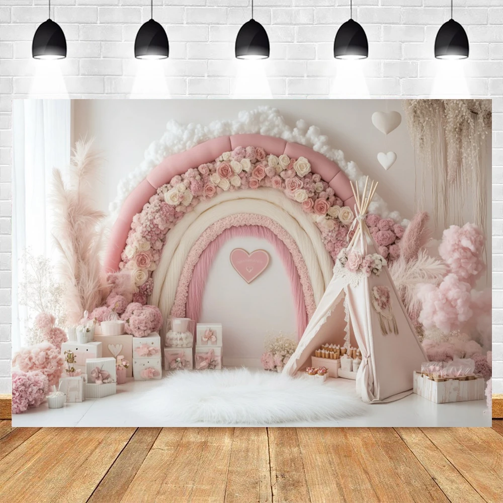 Newborn Baby 1st Birthday Party Photography Background Flowers Rainbow Tent Baby Shower kids Portrait Photo Backdrop Photostudio