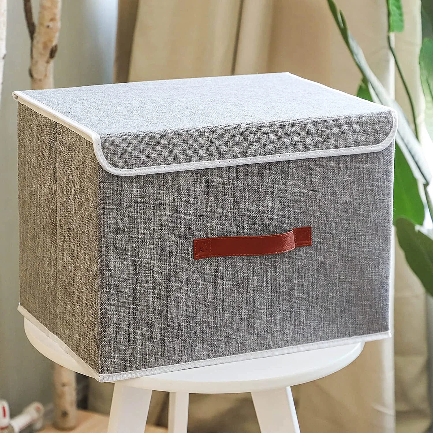 New Linen Fabric Foldable Storage Box Cube Closet Organizer for Toys Shelves Clothes with Lid Faux Leather Handles