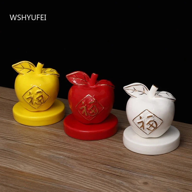 1pcs Ping An Ruyi Ceramic Apple Ornament Car Office Living Room Decoration Modern Style Home Decor Handicraft Gift