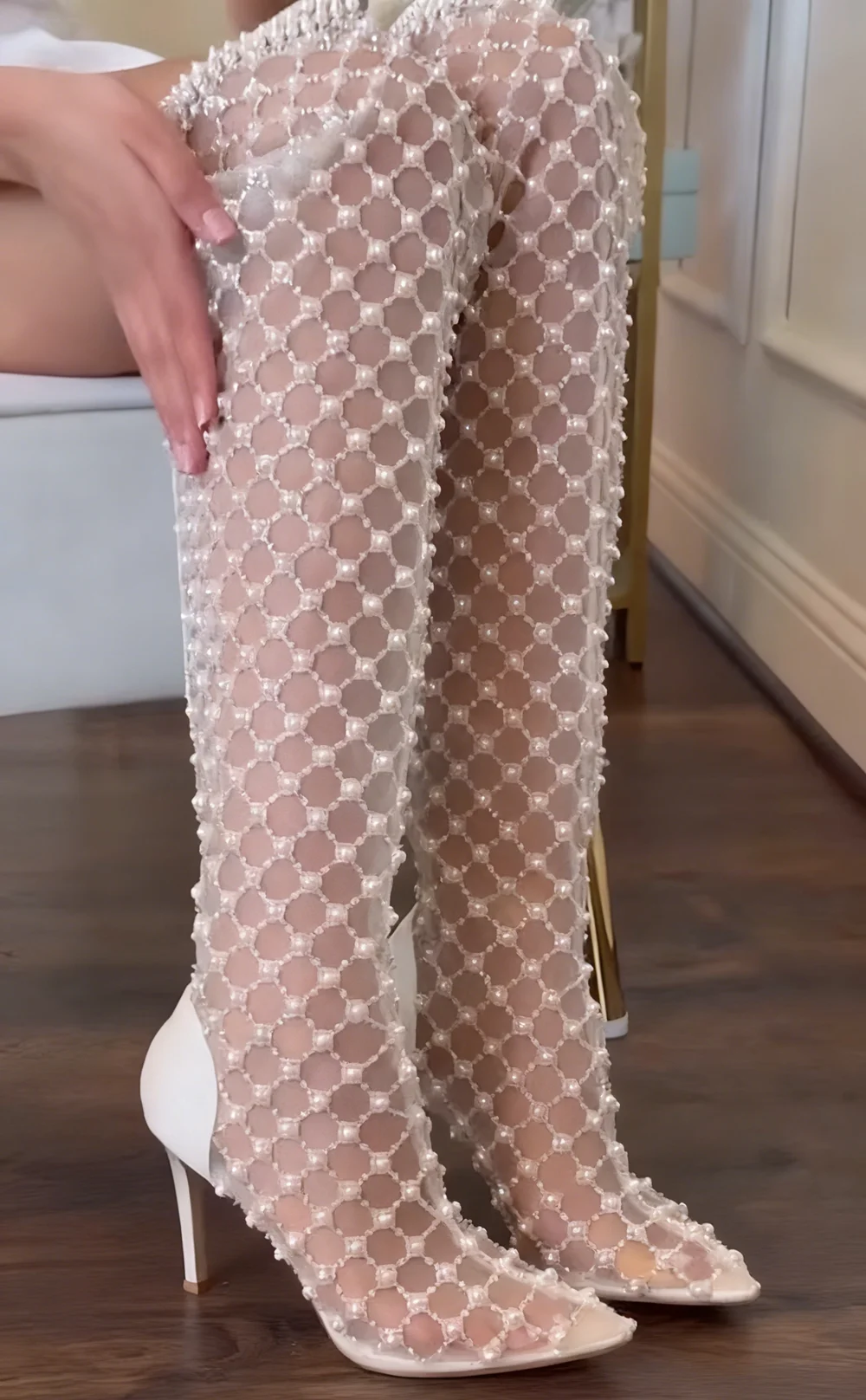 

Elegant White Pearl Tulle Thigh-High Boots Sheer Mesh Design Pointed Toe Stiletto Heel Pearl-Decorated Boot Opening Chic Style