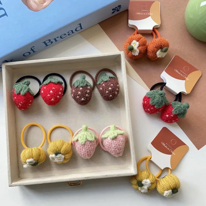 

Handmade Knitted Strawberry Pumpkin Hair Ties for Kids High Elastic Non Slip Gentle on Hair Elastic Bands Medium Size Sweet Cute