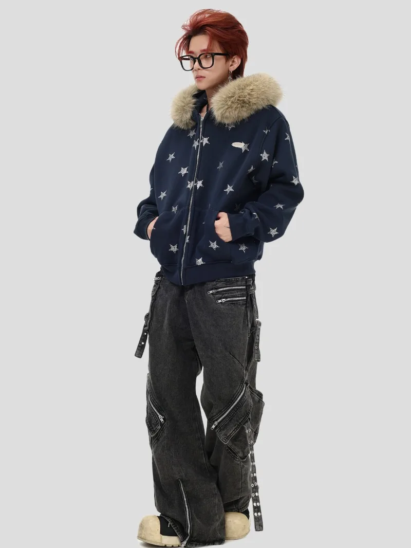 American Retro Fashion Trend Star Print Fleece Hoodie Loose Casual Zipper Jacket Unisex