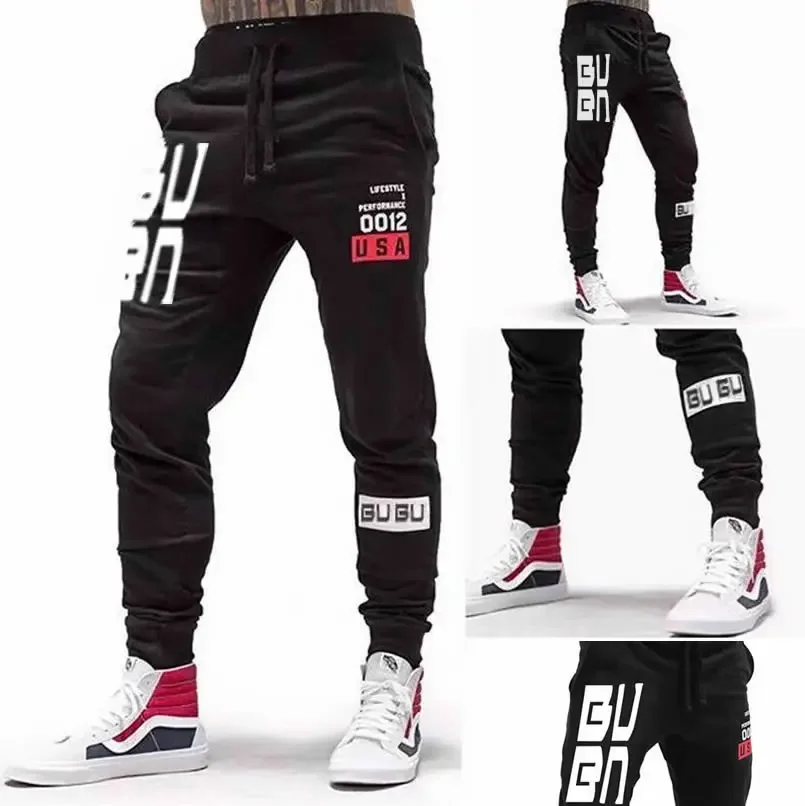 Calça Jogger Casual masculina, gu impresso carta moletom, calças com cordão, calças de jogging, streetwear, novo, GU1