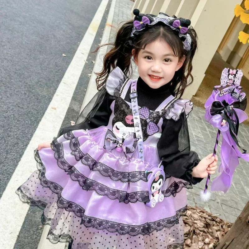 Vestido anime Sanrio Kuromi Lolita para meninas, saia de princesa, cosplay infantil, presente de festa de aniversário, primavera e outono, 2024