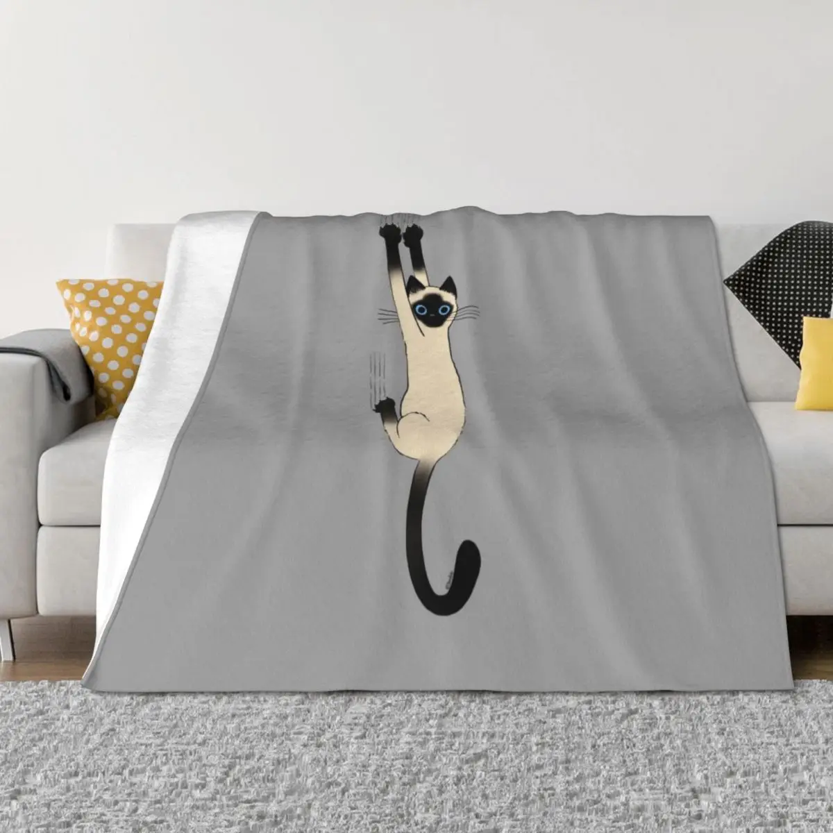 

Siamese Cat Hanging On with Claws Funny Cat Holding On Throw Blanket Weighted Nap Retros Quilt Blankets