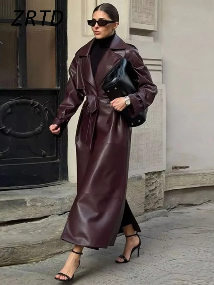 Street Women's  Burgundy Leather Overcoat With Belt Lapel Single Breasted Full Sleeve Long Coats 2024 Winter Lady Retro Outwear