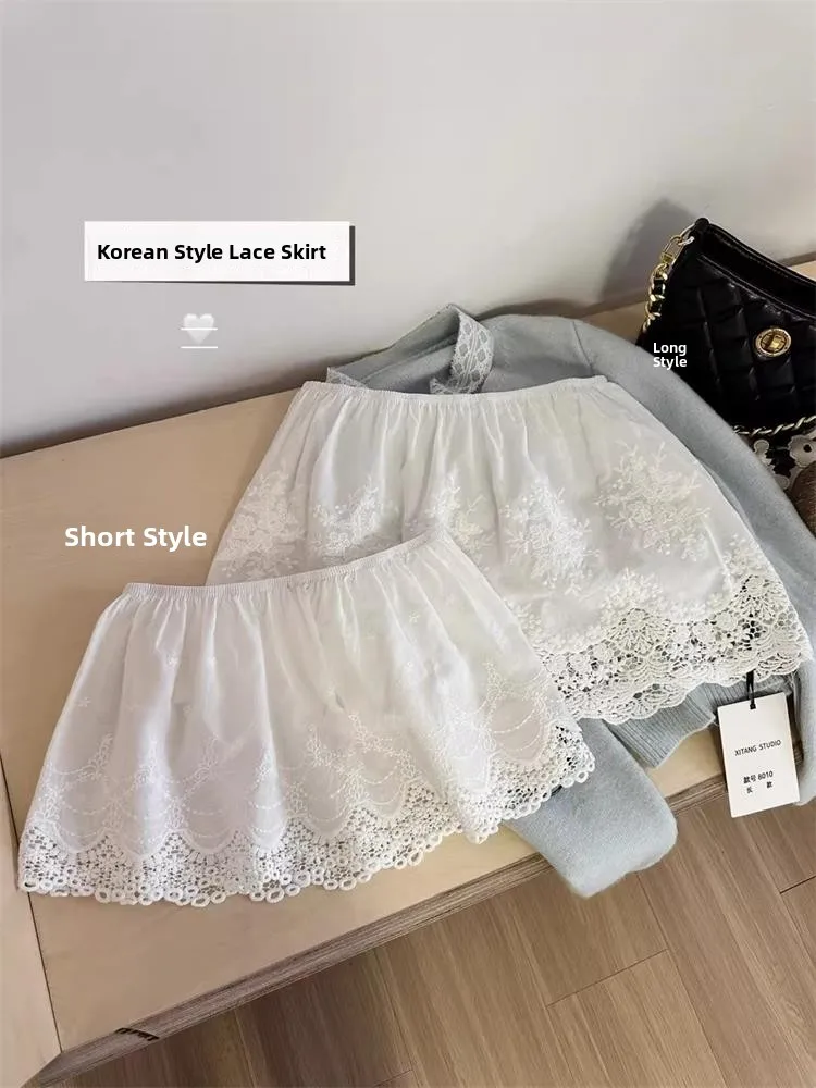 

White Pure Cotton Lace Skirt High Waist Elastic Waist Commute Style Anti-static Embroidery A-Line Skirt Mid-Length
