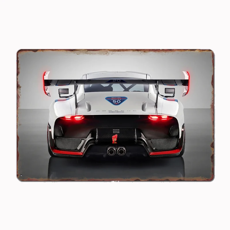 

White supercar in rear View Rain Racer Race Car Metal Poster Sign Club Custom Indoor Wall Tin Sign Room Decor Home Decor