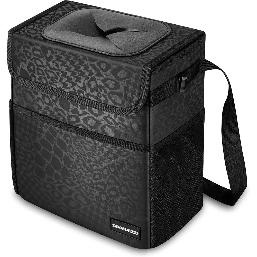 

Collapsible 2-Gallon Leopard-Print Car Trash Bin with Lid and Adjustable Straps