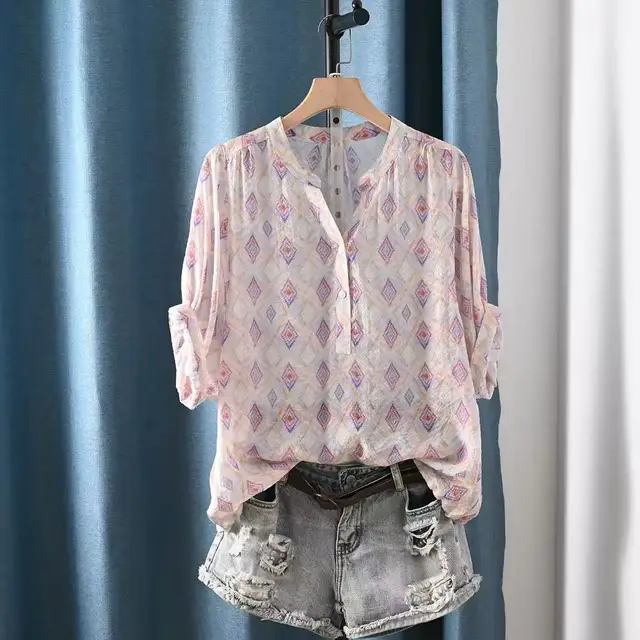 2026 Women's Bohemian Geometric Print Blouse Ethnic 3/4 Roll-Up Sleeve V-Neck Tunic Shirt Vintage Boho Clothing