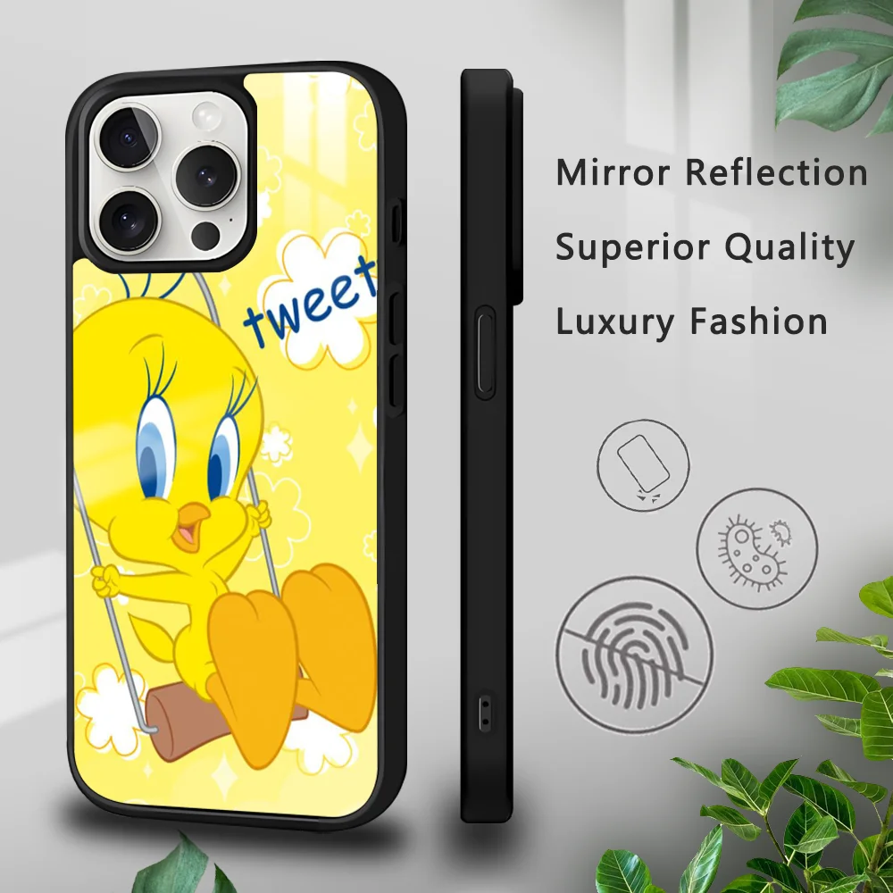 Cute Cartoon T-Tweety Bird Phone Case For iPhone 15 14 13 12 11 Pro Xs Max Mini XR X 7 8 Plus luxury Mirror Hard Funda