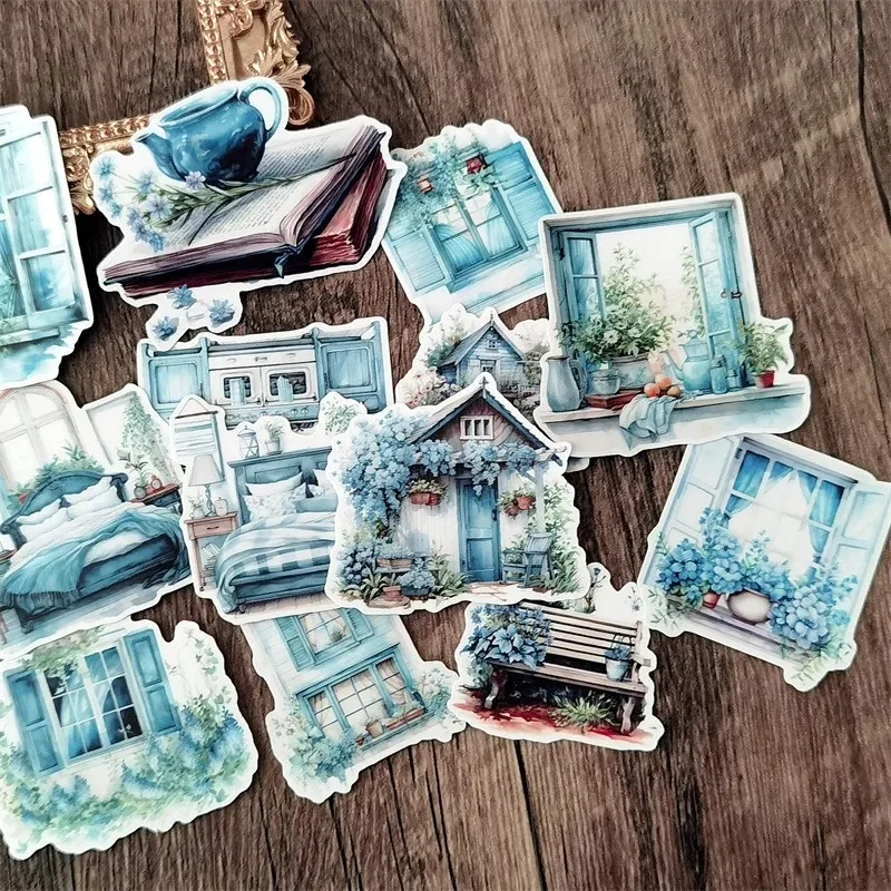 Cute Hand-painted Blue Plant windows Colorful Decoration Sticker Scrapbooking Material Paper Pack Daily Dressing Decor