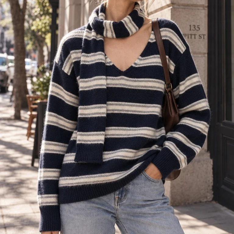 2026 New Arrival 2 Pcs Striped Knit Sweater Outfit Long Sleeve Knitted Pullover Set Relaxed Fit Women Knit Top Elegant Clothes