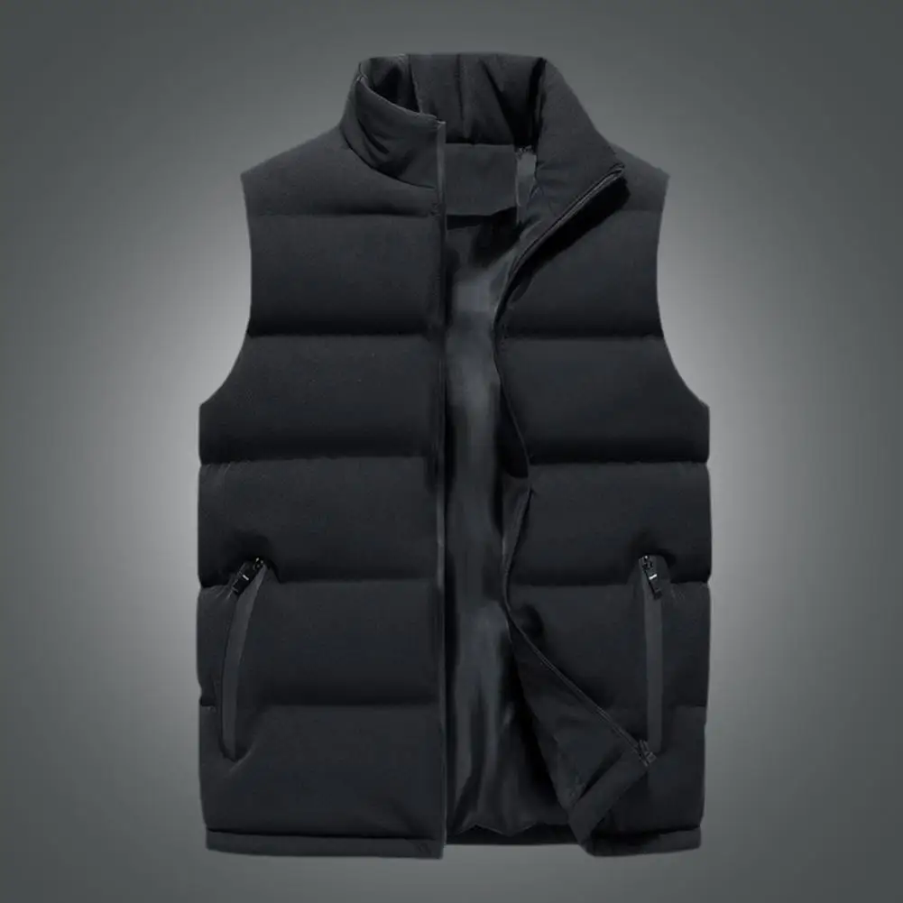 Men Vest Coat Stand Collar Sleeveless Zipper Closure Waistcoat with Pockets Design Thickened Solid Color Vest Coat