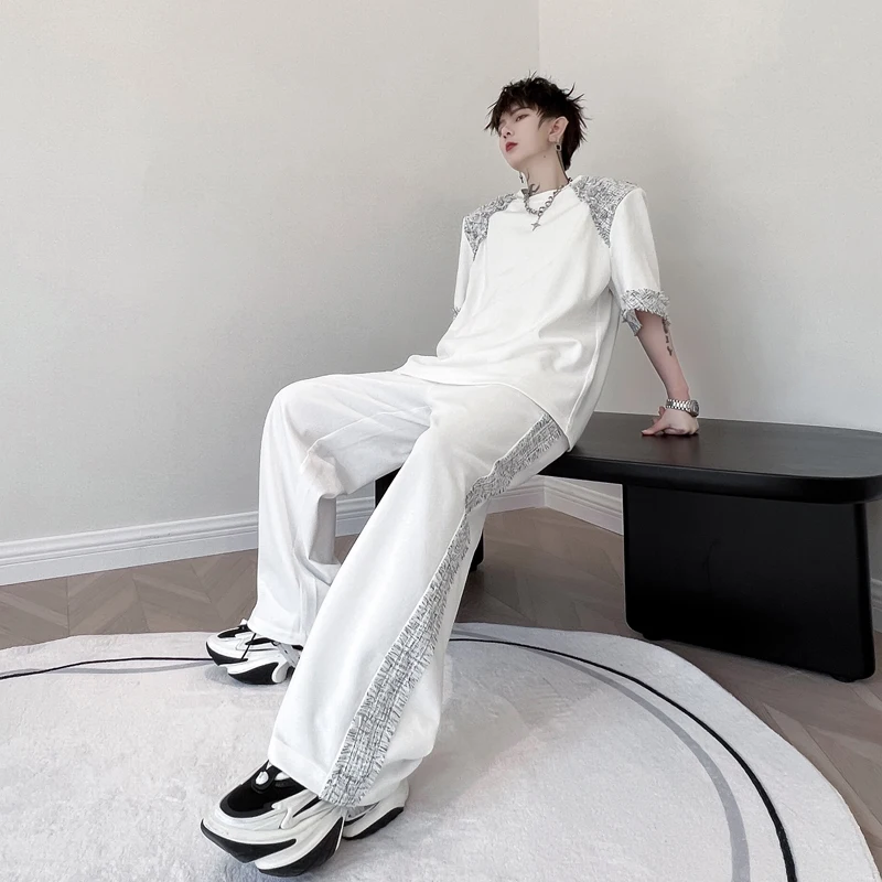 

Ретро-комплект для мужчин: футболка с коротким рукавом, нашивками на плечах и цветными блоками, летние модные повседневные брюки из хлопка и полиэстера