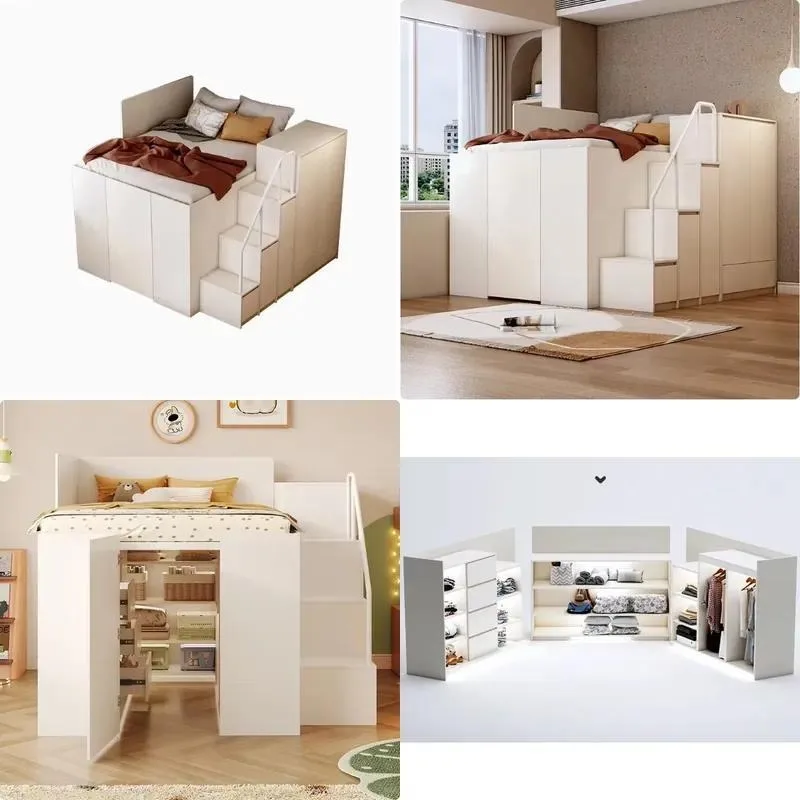 Modern White Queen Size Hydraulic Lift Storage Bed with Stairs Wooden Frame Adult Bedroom Furniture