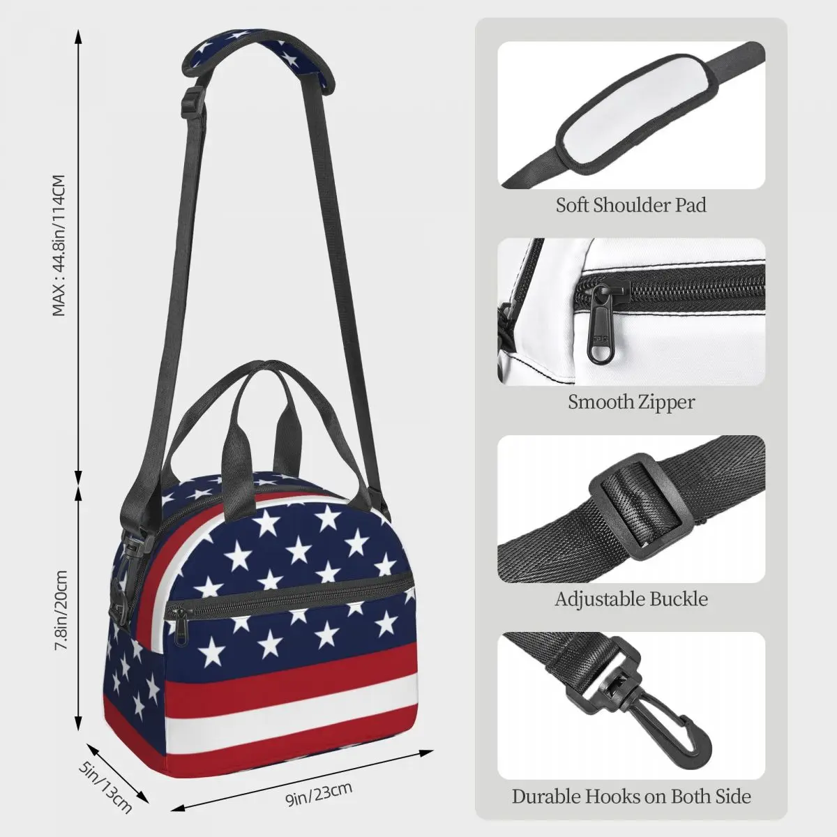 American Flag Patriotic Lunch Bag with Handle Stars and Stripes Capri Clutch Cooler Bag Office Fancy Pearl Cotton Thermal Bag