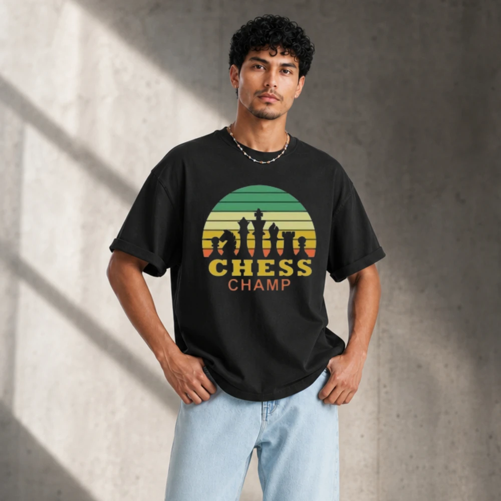 Men Vintage Retro Sunset Chess Champ Graphic T-Shirt Cotton Short Sleeve Tees Chess Player Lover Gift Casual Streetwear Tops Tee