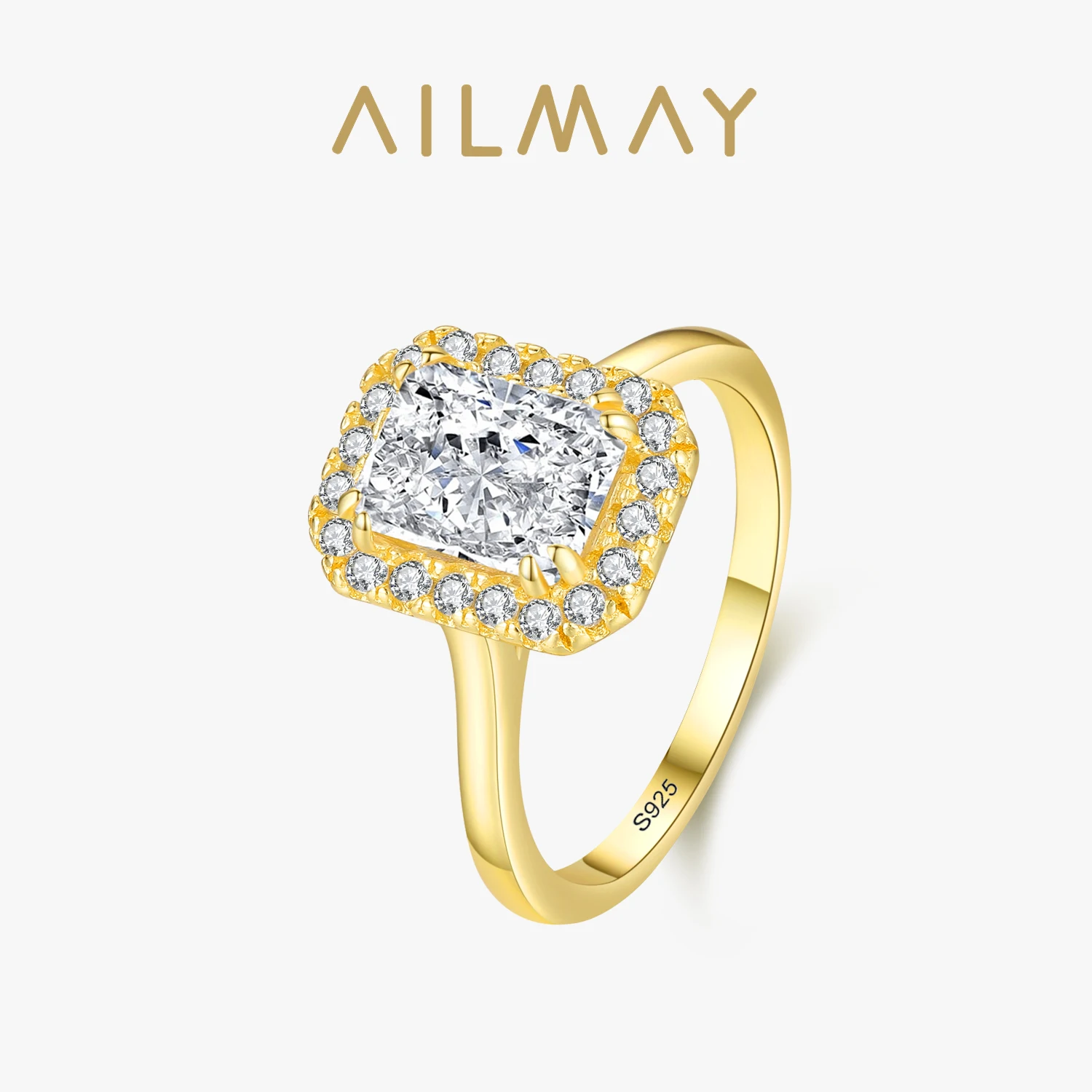 Ailmay 925 Sterling Silver Luxury 8A Crushed Iced Out Cut Zirconia Gold Color Ring For Women Wedding Anniversary Jewelry Gifts