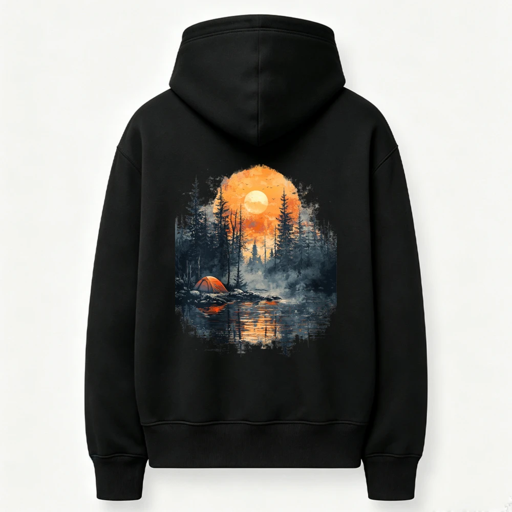 Watercolor Sunset Lake Camping Tent Pine Forest Graphic Hoodie Nature Wilderness Scenery Art Print Sweatshirt Outdoor Casual Top