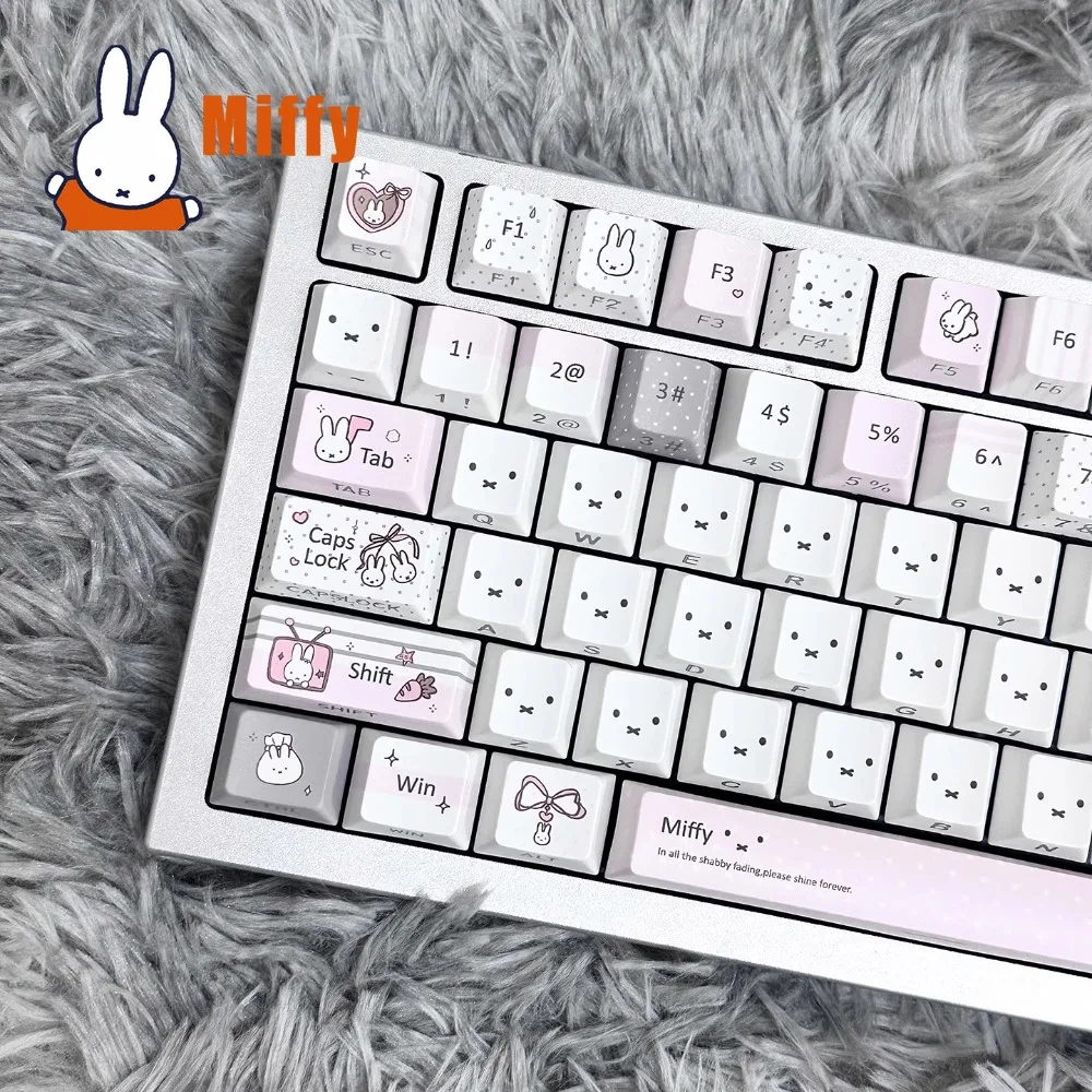 Kawaii Miffy Mechanical Keyboard Keycap Set Cute Rabbit Pastel Gray Pink PBT Dye-Sublimation Desk Accessory Office Girl Gift