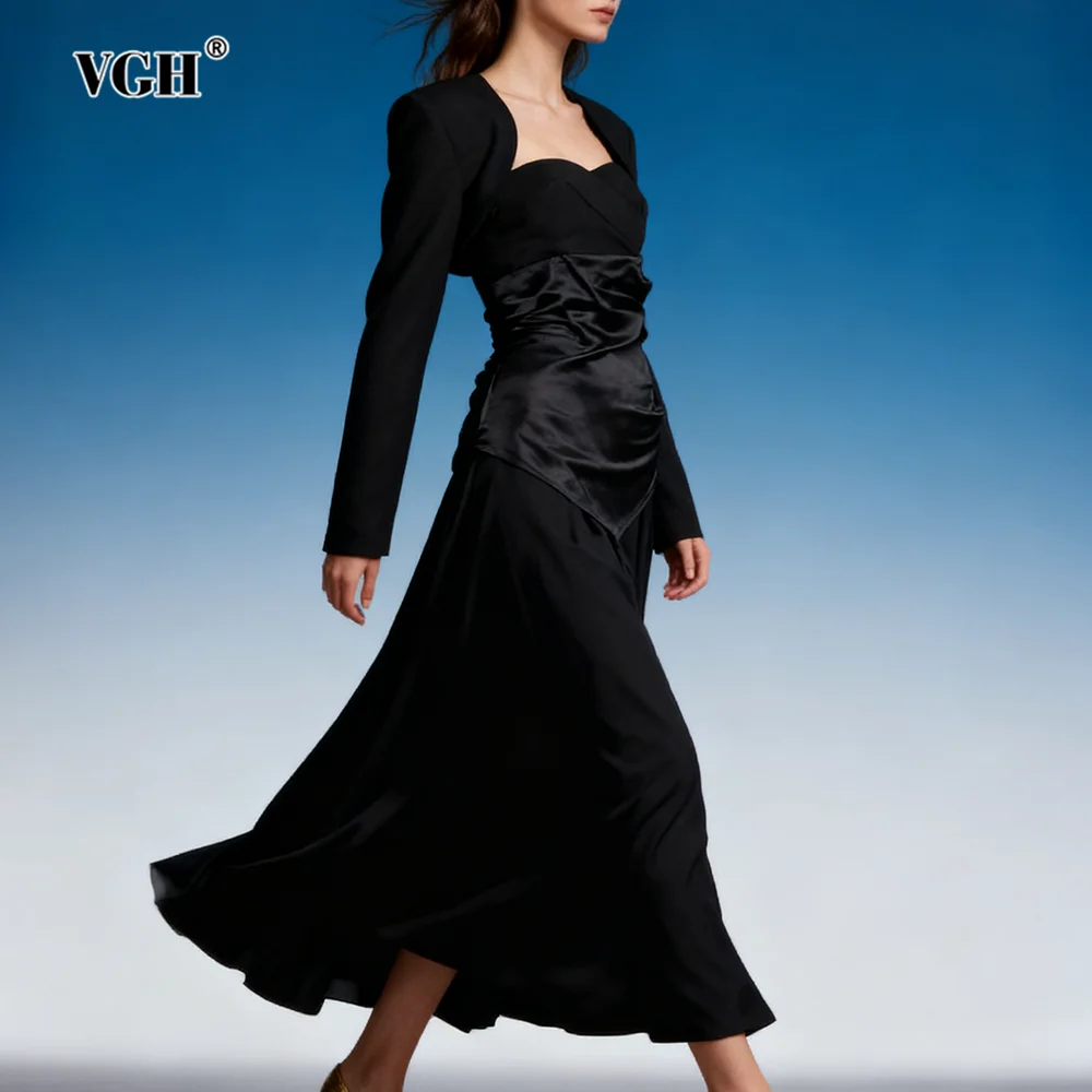 

VGH Elegant Vintage Solid Three Piece Sets For Women Long Sleeve Coat Square Collar Top High Waist Skirt Chic Set Female Style