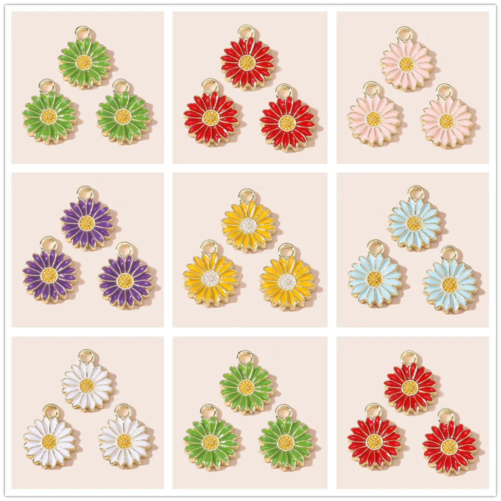 Image of Leslie 10 Stück 14*17mm Emaille Kawaii Gänseblümchen-Blumen-Anhänger für DIY Ohrhänger, Halsketten-Anhänger, handgemachtes Schmuckzubehör