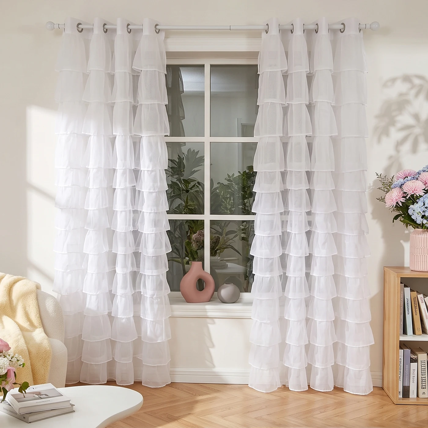 2PCS Grommet Ruffled Outdoor Sheer Curtains, Light Filter Drapes, For Gazebo Terrace Garden, Sweet Housewarming Gift
