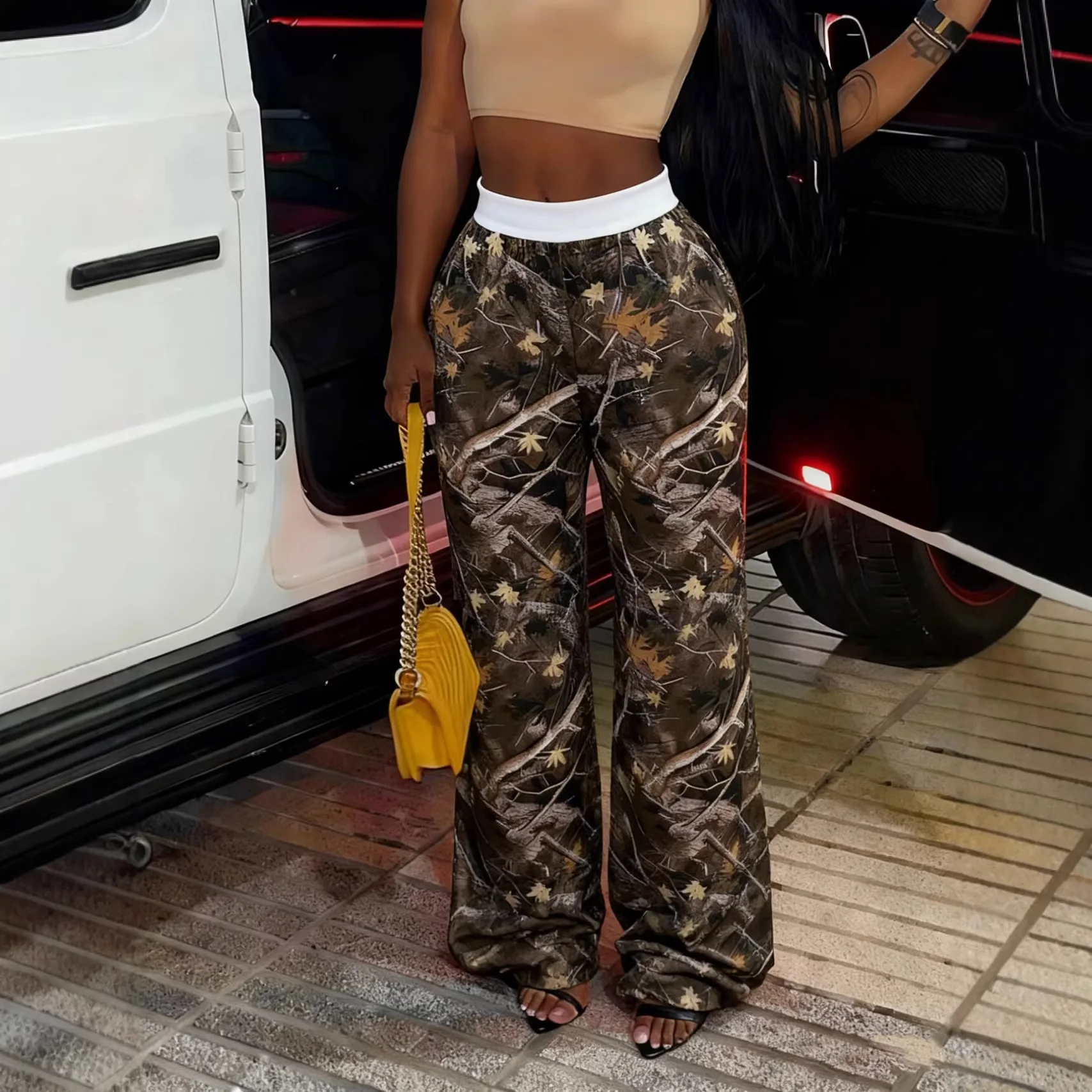 

Women Print Wide Leg Pants Sport Trousers Spliced Full Lenth Elastic Waist High Strech Loose Y2k Streetwear Casual 2026 Spring