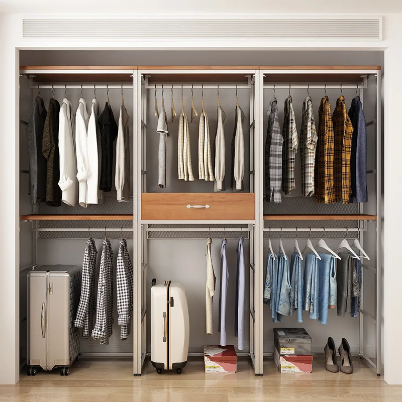 Metal wardrobe all solid wood new bedroom household wrought iron steel frame structure corner cloakroom