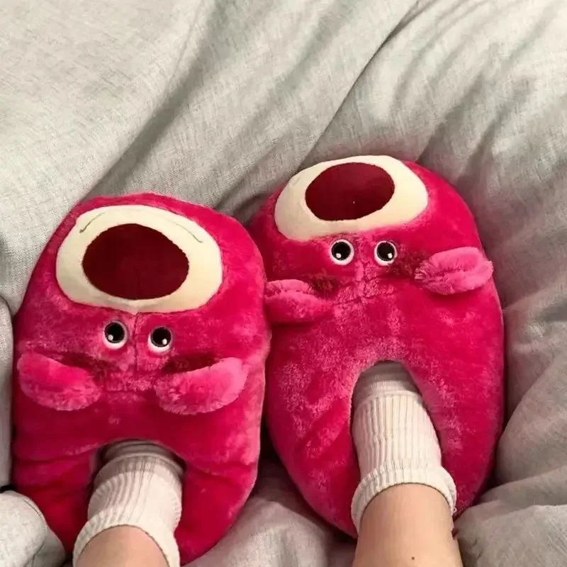 Disney Lotso Cotton Slippers Women Fluffy Winter Warm Slippers Fashion Cartoon Indoor Floor Non-slip Female Plush Home Slippers