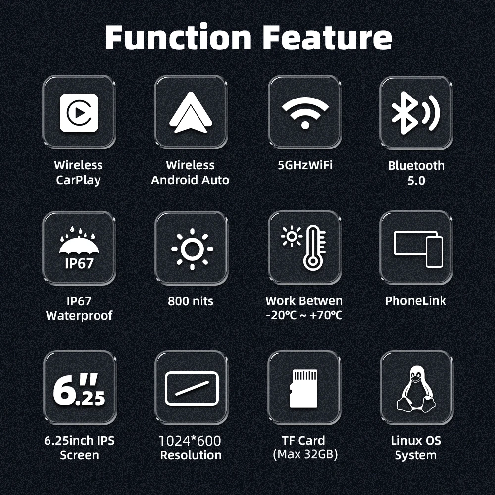 Linux Motorcycle Carplay Wireless Android Auto 6.2inch Waterproof Display Screen support TPMS/2Ch-720P DVR/18 languages/wifi/BT