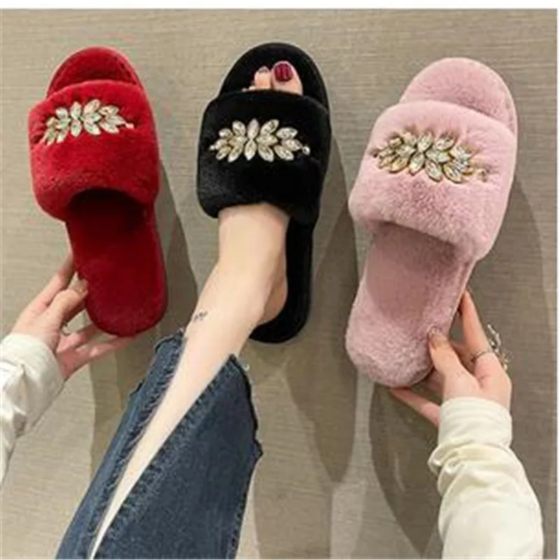 

2023 Fashion Rhinestone Design Women Home Flat Slippers Sexy Open Toe New Home Fur Warm Non-slip Leisure Interior Female Shoes