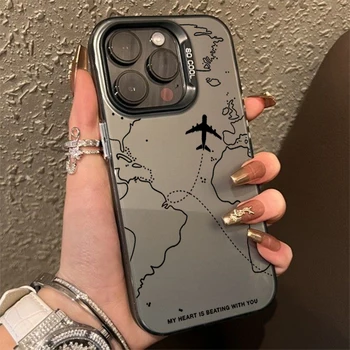 Capa TPU básica inspirada em viagem para iPhone, avião, design de rota, capa traseira rígida fosco, iPhone 16, 15 Pro Max, 14, 13, 12, 11, XS, X, XR, 7, 8 Mais